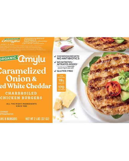 Amylu Foods Caramelized Onion and Aged White Cheddar Chicken Burger (8 ct.)