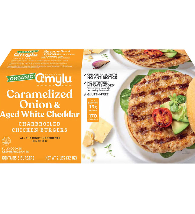 Amylu Foods Caramelized Onion and Aged White Cheddar Chicken Burger (8 ct.)